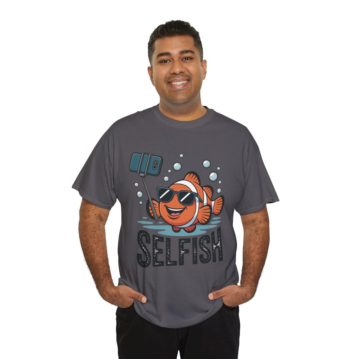 Unisex Heavy Cotton Tee, Mens Selfish Funny Fish T-Shirt, Cute Selfie Graphic Tee, Ocean Humor Shirt