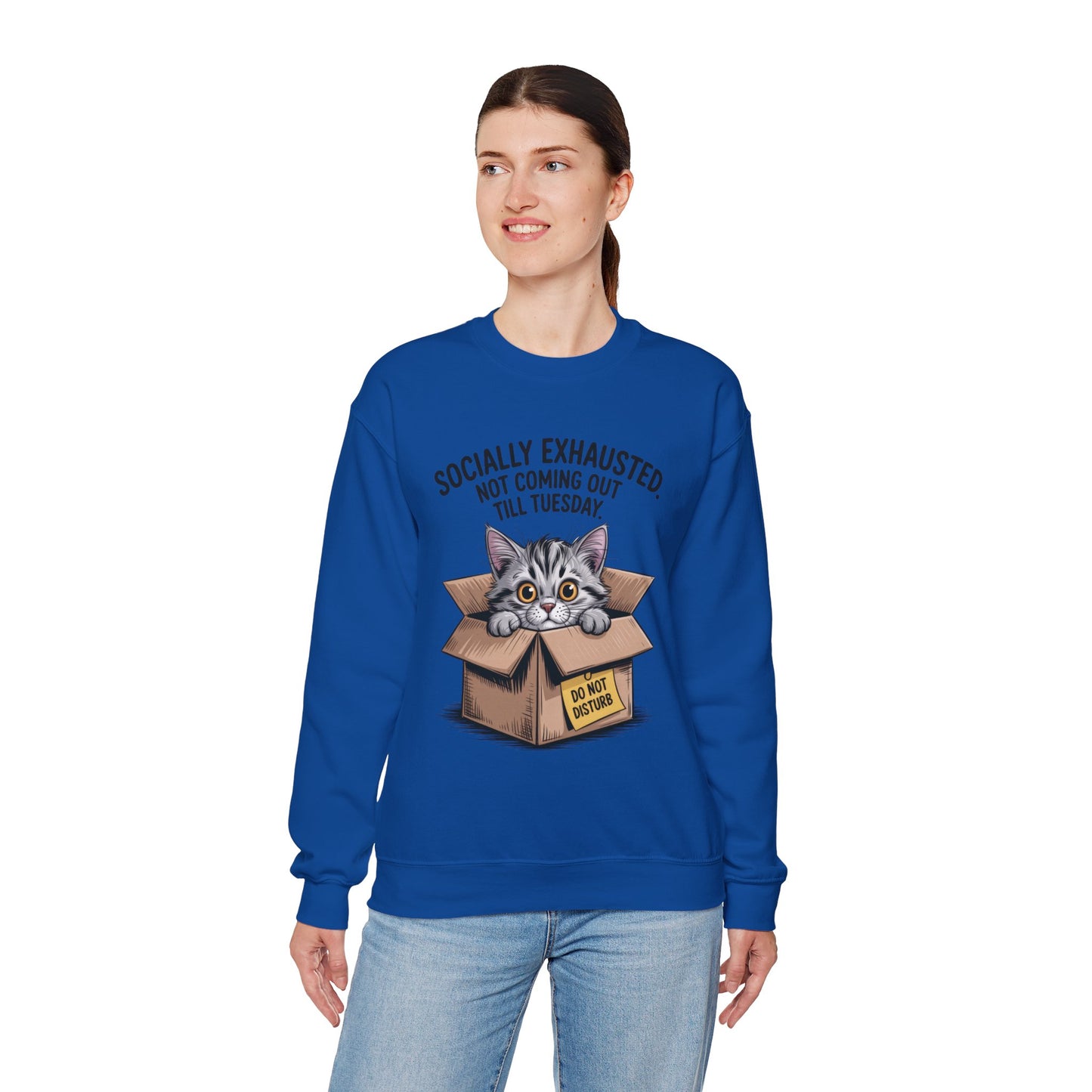 Socially Exhausted Cat Sweatshirt, Funny Cat Crewneck, Gift for Cat Lovers, Cozy Unisex Pullover, Weekend Comfort Apparel