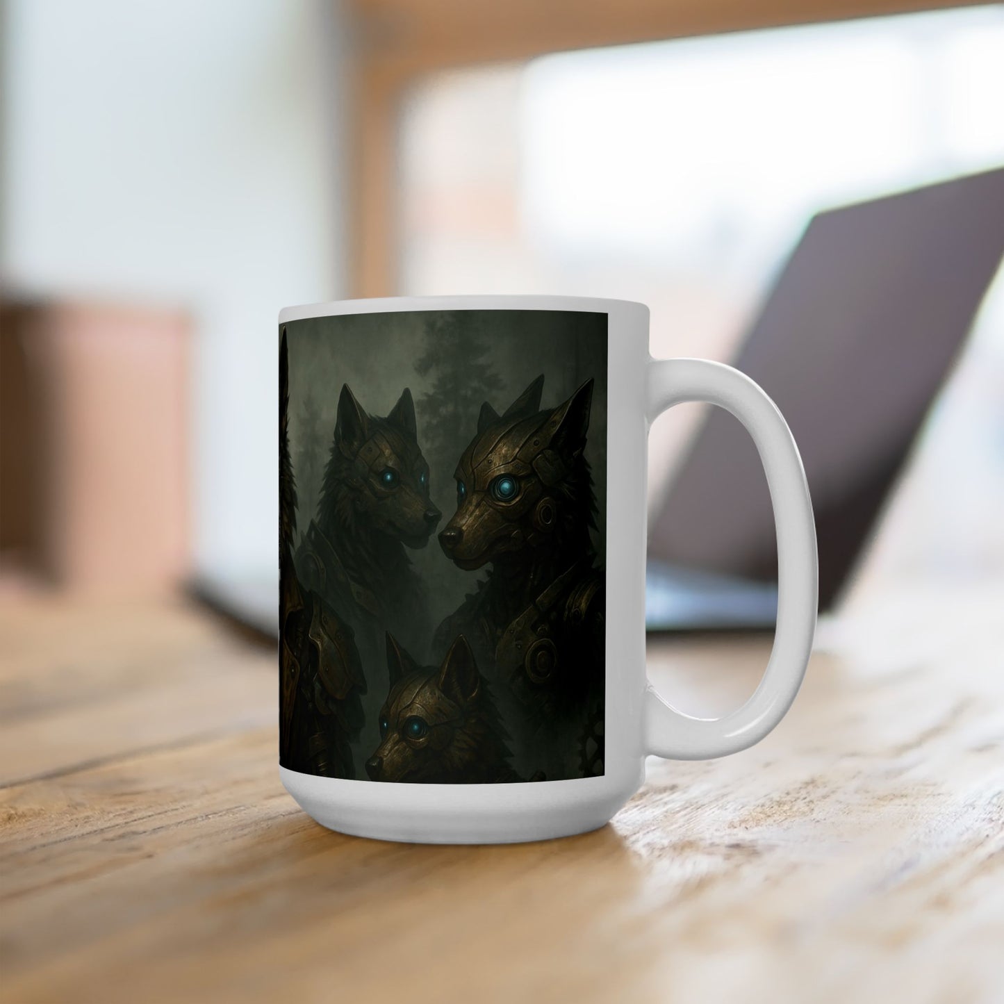 Mug (15oz),Steampunk Wolf Mug, Mechanical Cyber Wolf Coffee Cup, Industrial Fantasy Gear Art Gift, Futuristic Animal Design for Him