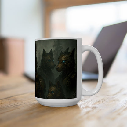 Mug (15oz),Steampunk Wolf Mug, Mechanical Cyber Wolf Coffee Cup, Industrial Fantasy Gear Art Gift, Futuristic Animal Design for Him