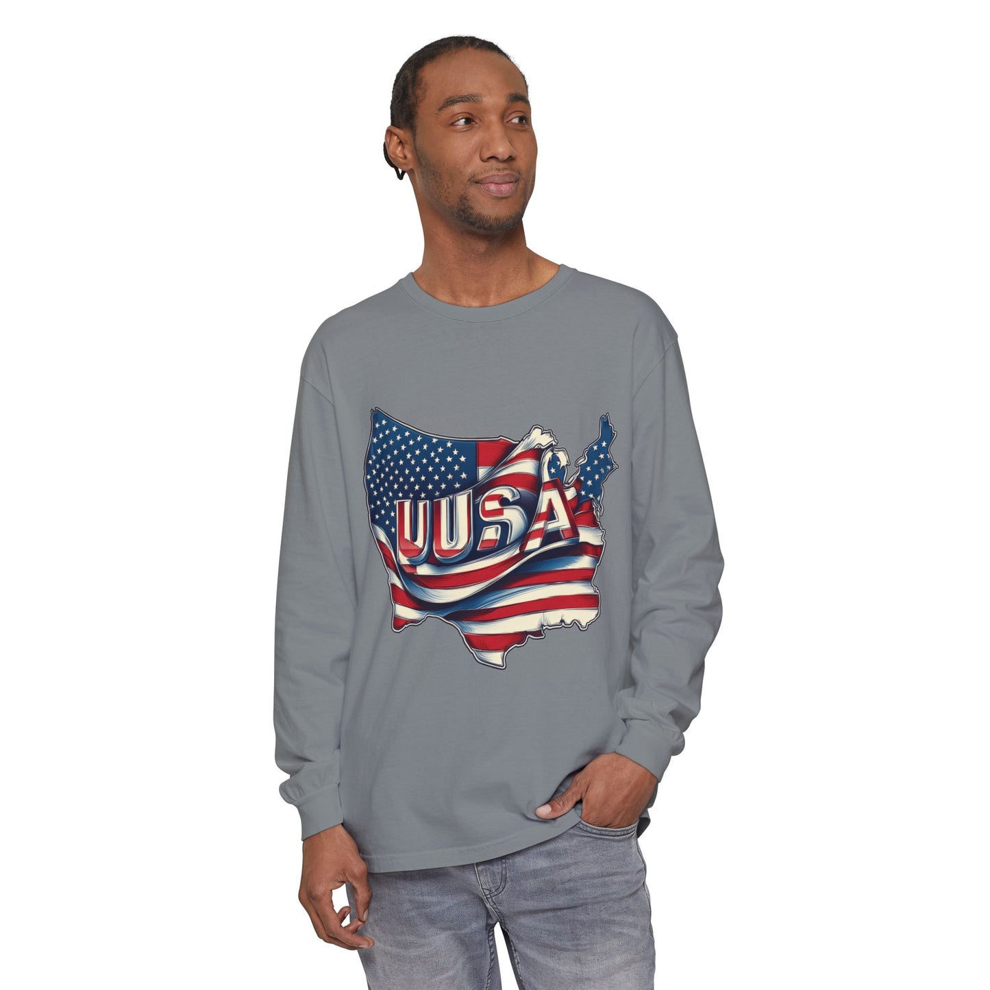 USA Flag Long Sleeve Tee, Unisex Garment-Dyed Shirt, Patriotic Top, All-American Apparel, Independence Day Style, Comfortable Casual Wear