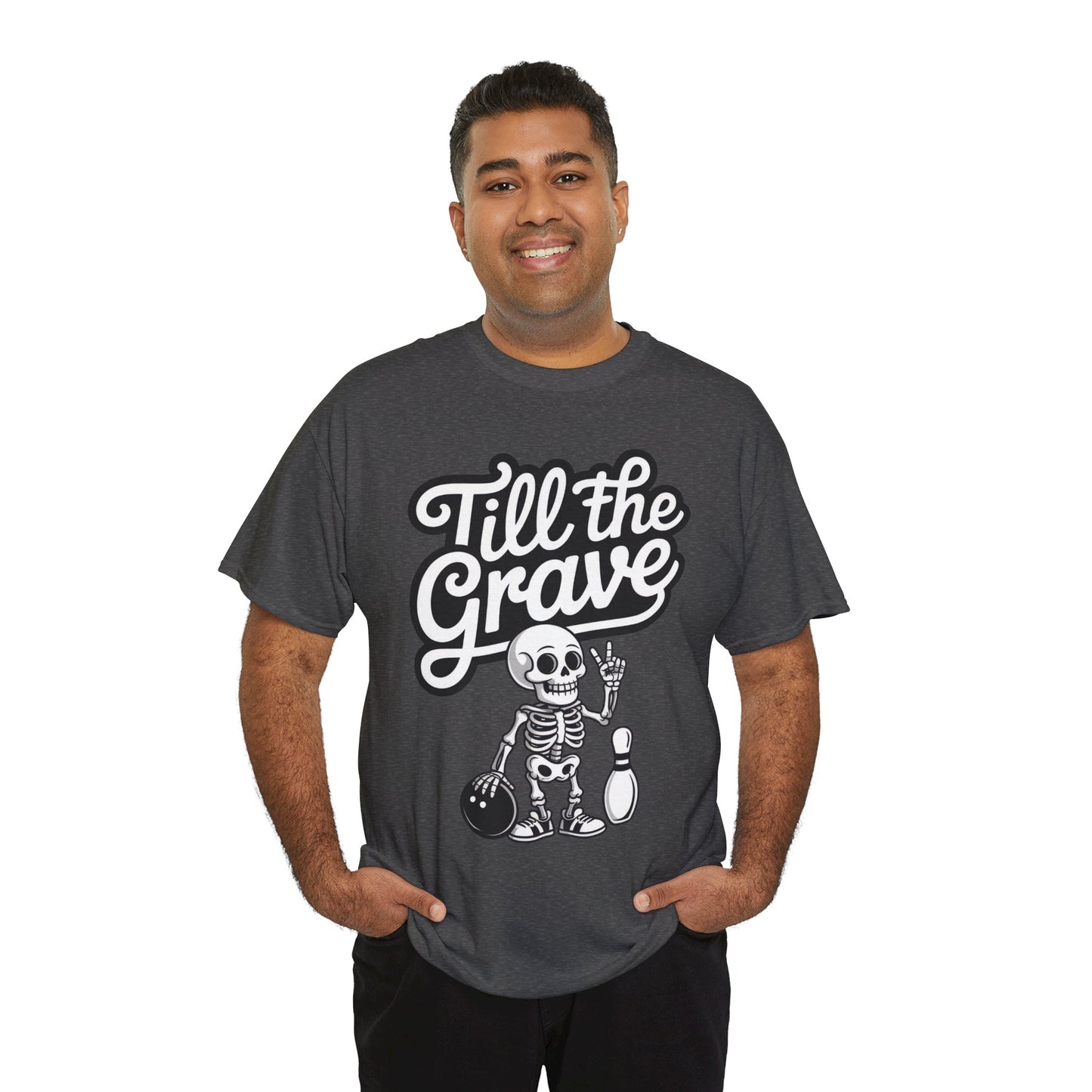 Skeleton Bowling Graphic Tee, Mens Heavy Cotton Tee, Funny Halloween Shirt, Gift for Bowlers, Retro Style Apparel, Casual Wear