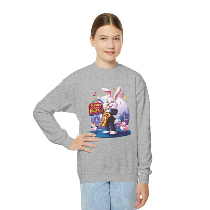 Jazz Bunny Easter Kids Sweatshirt - Cute Saxophone Playing Bunny Design, Fun Spring Crewneck, Holiday Gift for Boys and Girls