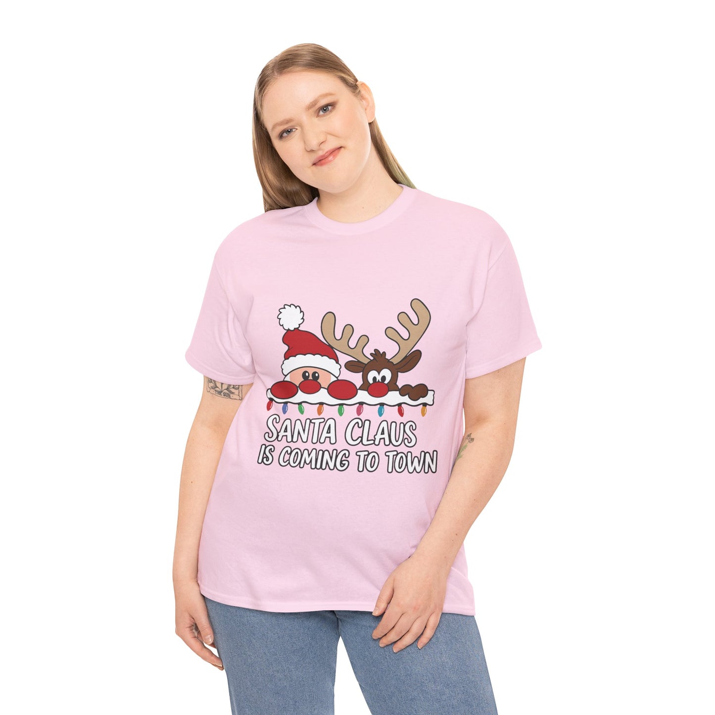 Santa Claus Is Coming to Town Women's Christmas T-Shirt, Cute Santa - Reindeer Holiday Tee