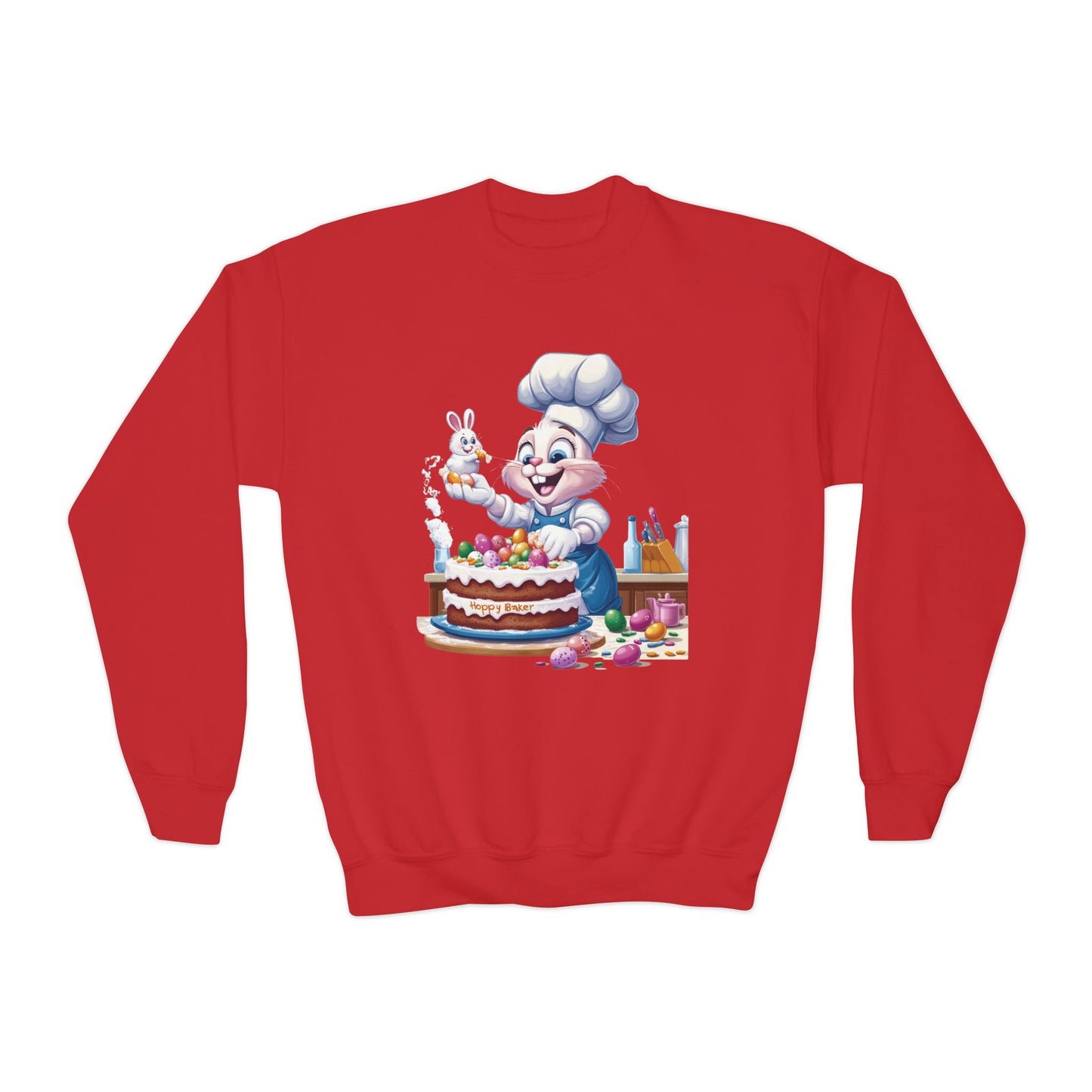 Hoppy Baker Easter Bunny Youth Sweatshirt - Cute Spring Crewneck for Kids with Chef Bunny and Cake, Fun Holiday Gift for Easter Lovers
