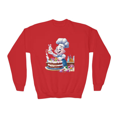 Hoppy Baker Easter Bunny Youth Sweatshirt - Cute Spring Crewneck for Kids with Chef Bunny and Cake, Fun Holiday Gift for Easter Lovers