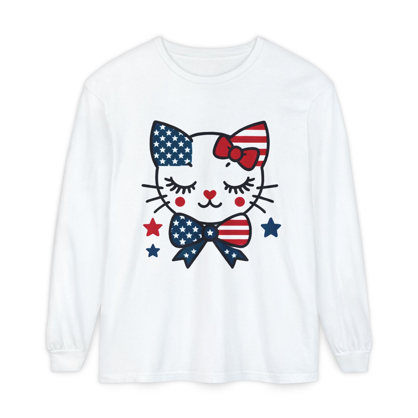 Patriotic Cat Long Sleeve T-Shirt, Women's Tee, Perfect for Fourth of July, Animal Lover Gift, Cozy Casual Wear, Holiday Apparel