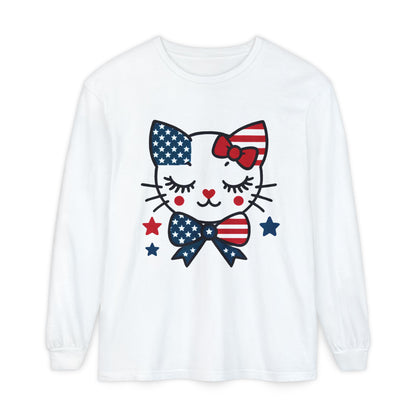 Patriotic Cat Long Sleeve T-Shirt, Women's Tee, Perfect for Fourth of July, Animal Lover Gift, Cozy Casual Wear, Holiday Apparel