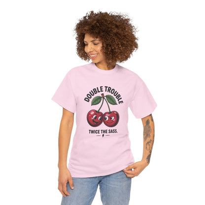 Double Trouble Cherry Graphic Tee, Funny Cute Womens T-Shirt, Twice the Sass Quote Shirt, Sassy Cherry Cartoon Gift