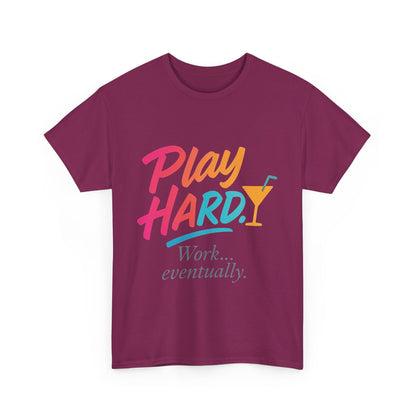 Play Hard Work Eventually T-Shirt, Funny Cocktail Graphic Tee, Pink Womens Party Shirt, Relaxed Vacation Top
