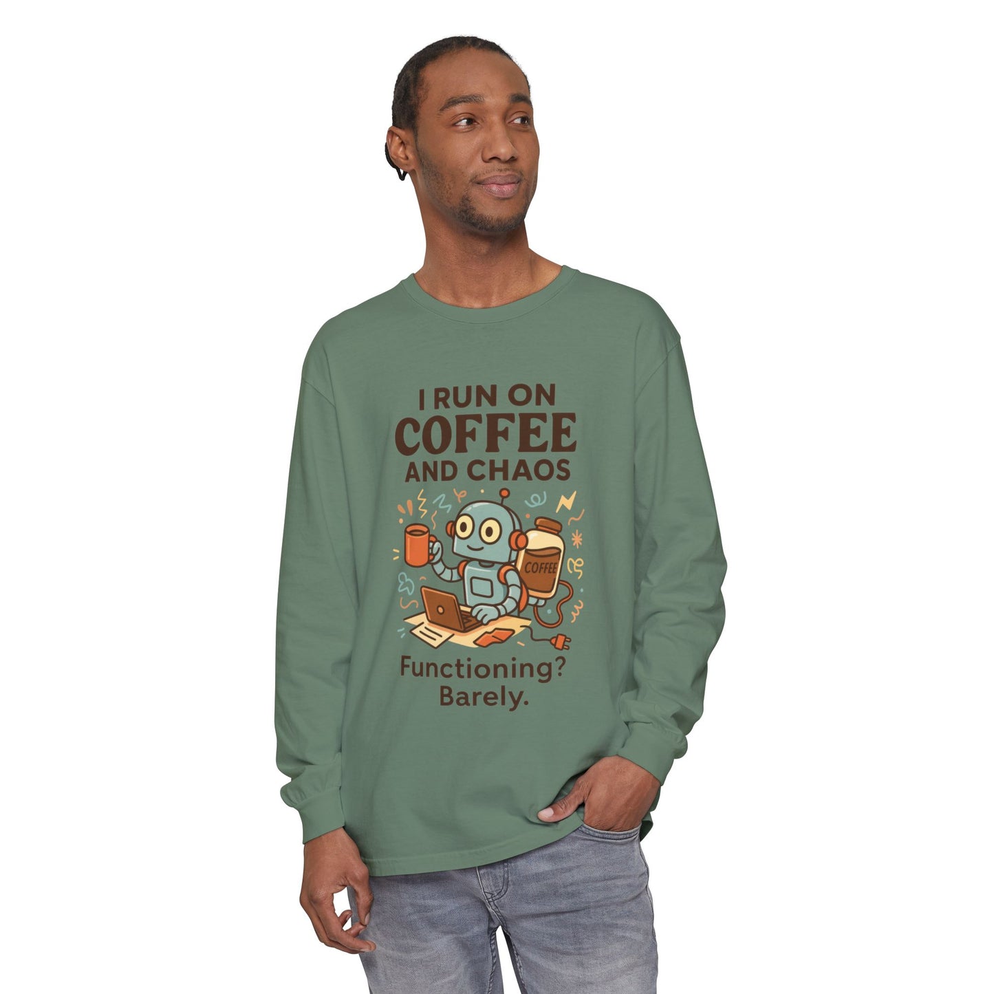 Coffee Chaos Long Sleeve Tee, Funny T-Shirt, Quirky Gift for Coffee Lovers, Unisex Top for Busy Lives, Work from Home Humor Tee