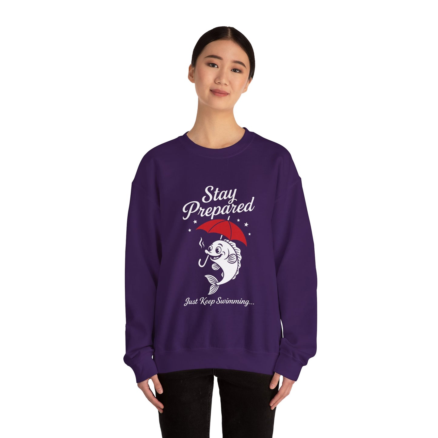 Funny Fish Womens Crewneck Sweatshirt - Stay Prepared Just Keep Swimming Nautical Pullover - Cozy Positive Gift, Fishing Humor