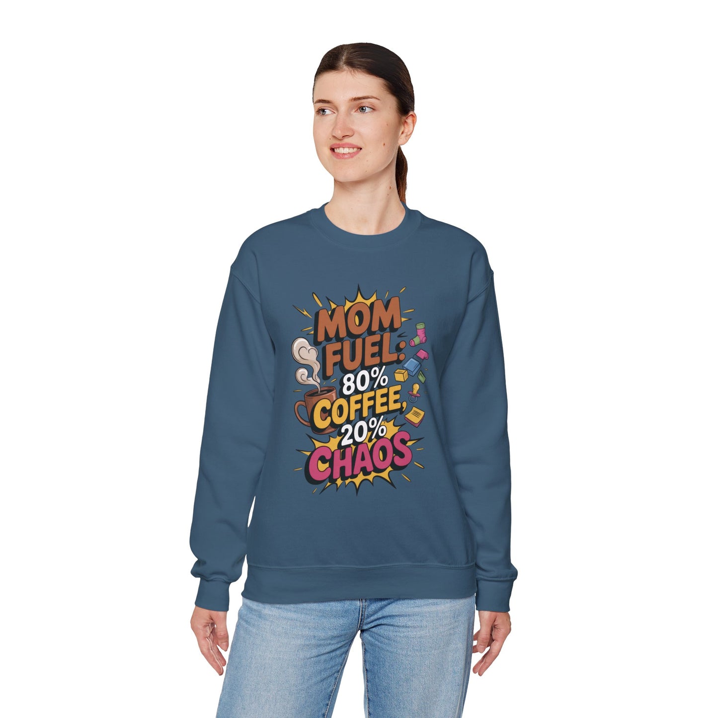 Funny Mom Fuel Sweatshirt, Perfect Gift for Moms, Chaos & Caffeine, Mother's Day Apparel, Funny Tired Mom Life Sweatshirt, Coffee Loving Mom