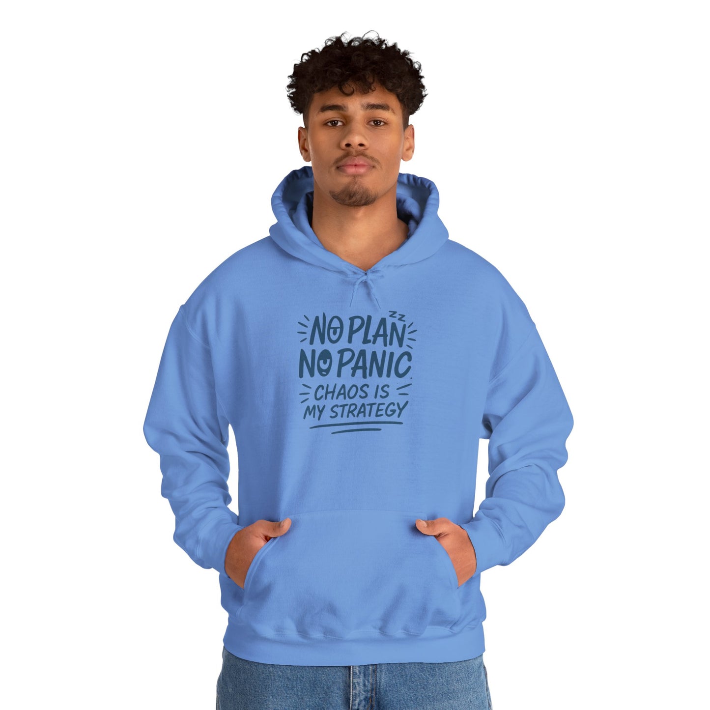 Funny Chaos Strategy Mens Hoodie, No Plan No Panic Quote Hoodie, Cozy Relaxed Fit Pullover, Humorous Gift for Him, Unisex Pullover