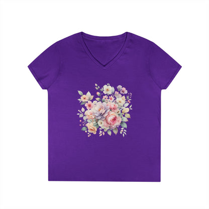 Pastel Floral Bouquet Ladies' V-Neck T-Shirt, Romantic Soft Vintage Flower Tee, Spring Fashion, Gift for Her, Everyday Wear
