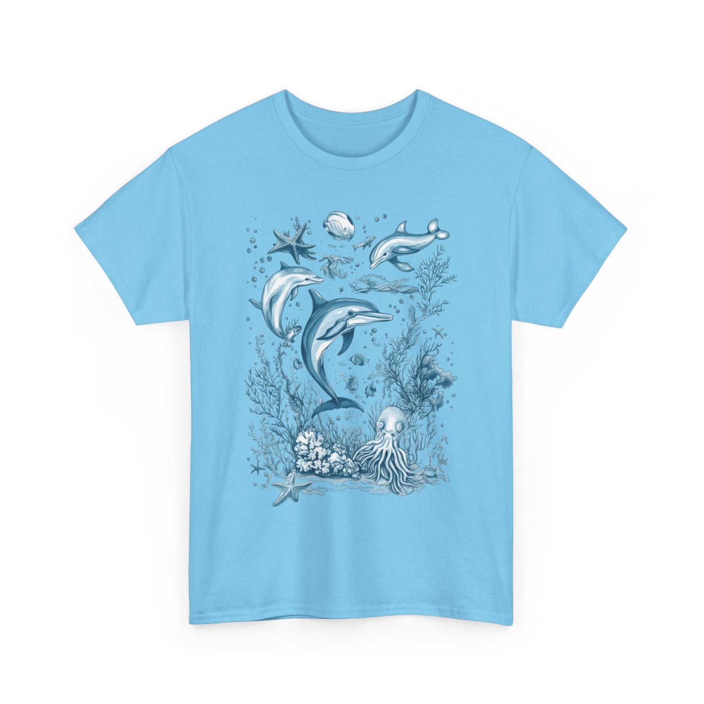 Ocean Life Dolphin T-Shirt, Women's Cotton Tee with Underwater Sea Creatures, Marine Nature Gift Shirt, Perfect for Beach Lovers