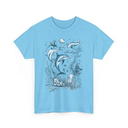Ocean Life Dolphin T-Shirt, Women's Cotton Tee with Underwater Sea Creatures, Marine Nature Gift Shirt, Perfect for Beach Lovers