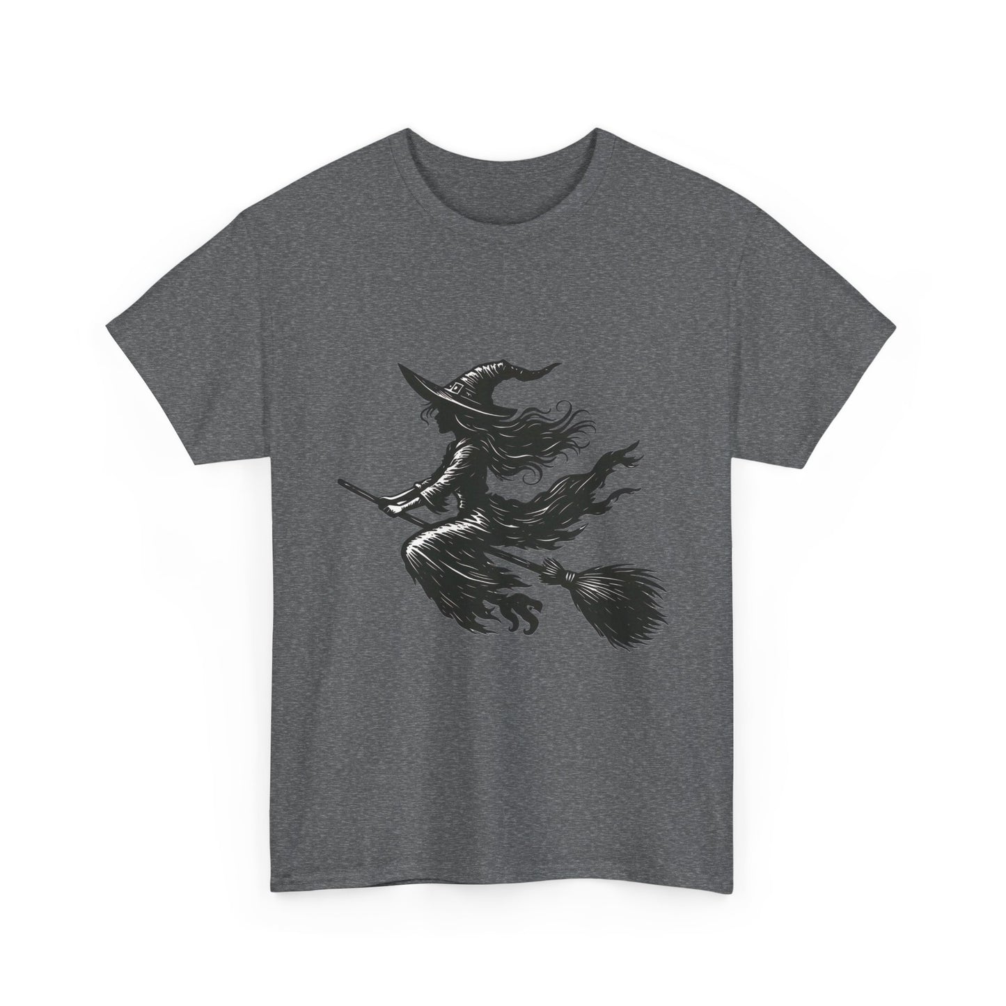 Flying Witch Silhouette Halloween T-Shirt for Women, Vintage Witch on Broom Tee, Spooky Gothic Fall Shirt, Minimal Black Witch Top