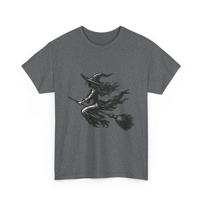 Flying Witch Silhouette Halloween T-Shirt for Women, Vintage Witch on Broom Tee, Spooky Gothic Fall Shirt, Minimal Black Witch Top