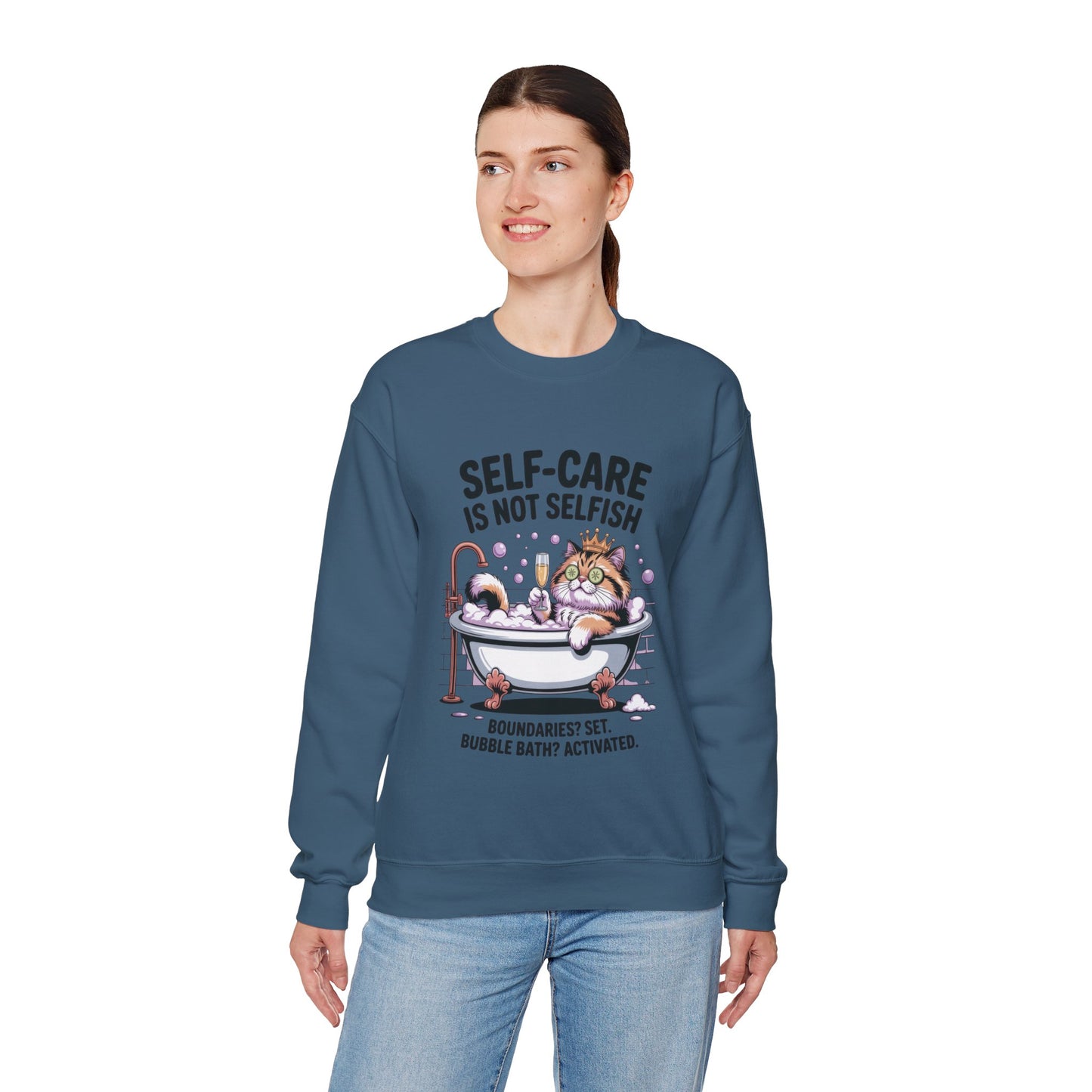 Womens Crewneck Sweatshirt, Self-Care Cat Shirt, Funny Cat Tee, Relaxing Kitty Graphic, Self Care Is Not Selfish Womens Sweatshirt