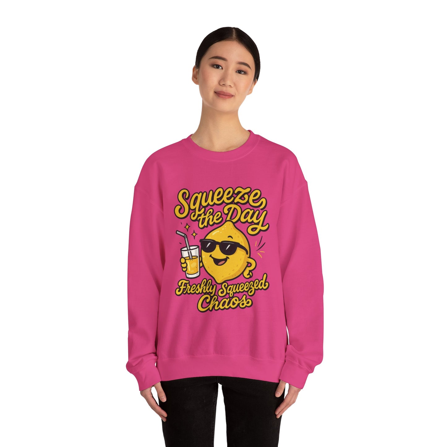 Funny Lemon Womens Sweatshirt - Squeeze The Day Freshly Squeezed Chaos Cozy Pullover - Citrus Positive Crewneck Sweatshirt, Cheerful Fashion
