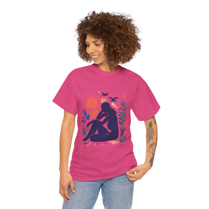 Boho Chic Unisex T-Shirt, Minimal Abstract Woman T-Shirt, Tee for Nature Lovers, Sun and Nature Print, Artistic Silhouette Tee