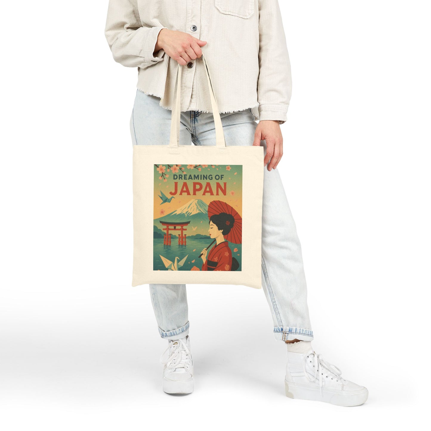 Dreaming of Japan Canvas Tote Bag, Eco-friendly Bag, Travel Tote, Gift for Travelers, Japanese Art Bag, Floral Design Bag