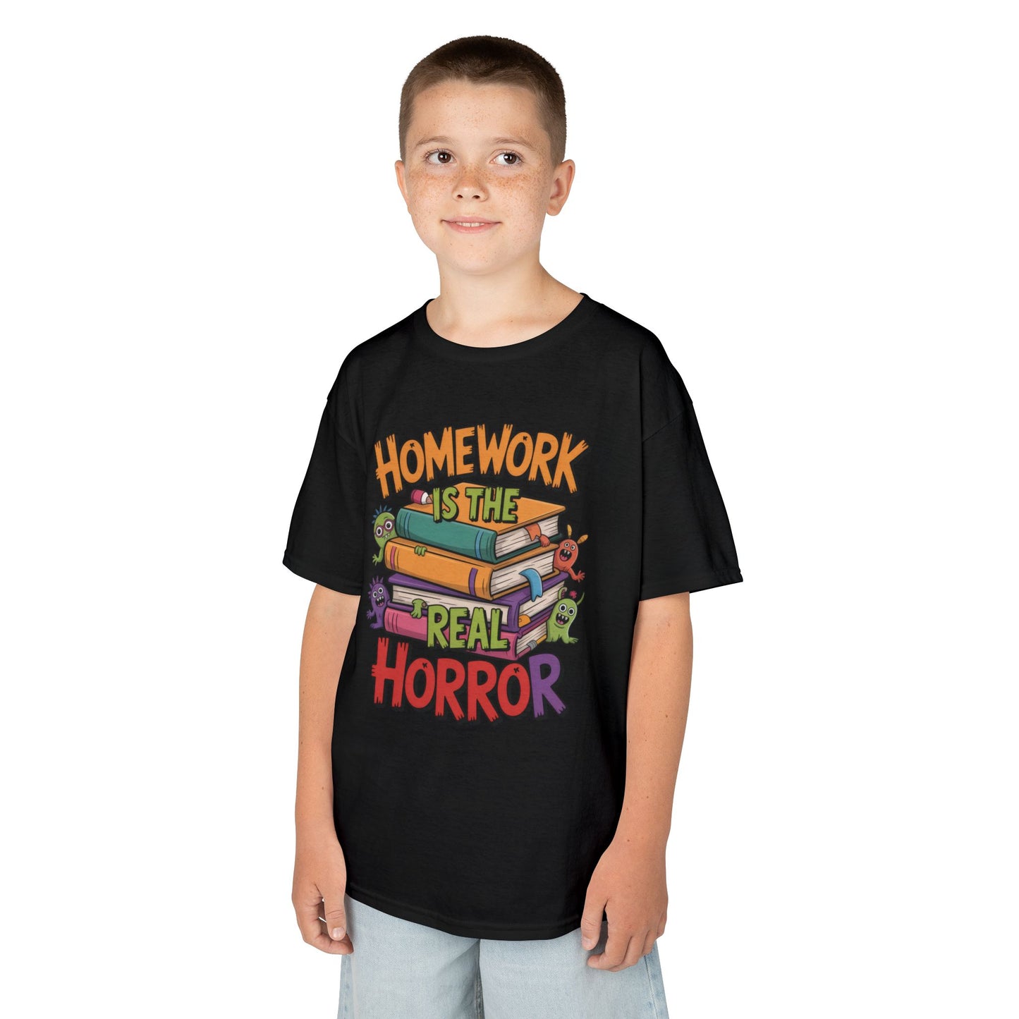 Kids Funny Homework Tee, Cute Monster School Shirt, Homework Is the Real Horror, Back to School Gift for Boys & Girls, Kids Halloween Tee