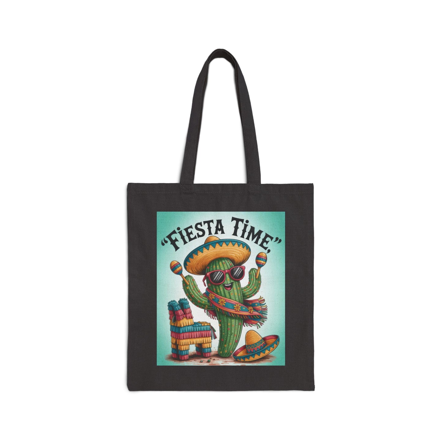 Fiesta Time Cactus Tote Bag, Colorful Funny Sombrero Maracas Piñata Mexican Party Gift Bag, Summer Vibes Canvas Bag