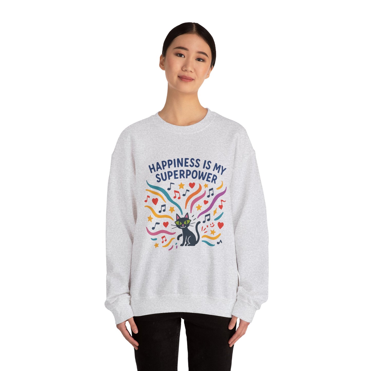 Playful Cat Crewneck Womens Sweatshirt, Happiness is My Superpower, Cozy Sweatshirt, Gift for Cat Lovers, Fun Casual Style, Unique Animal Design