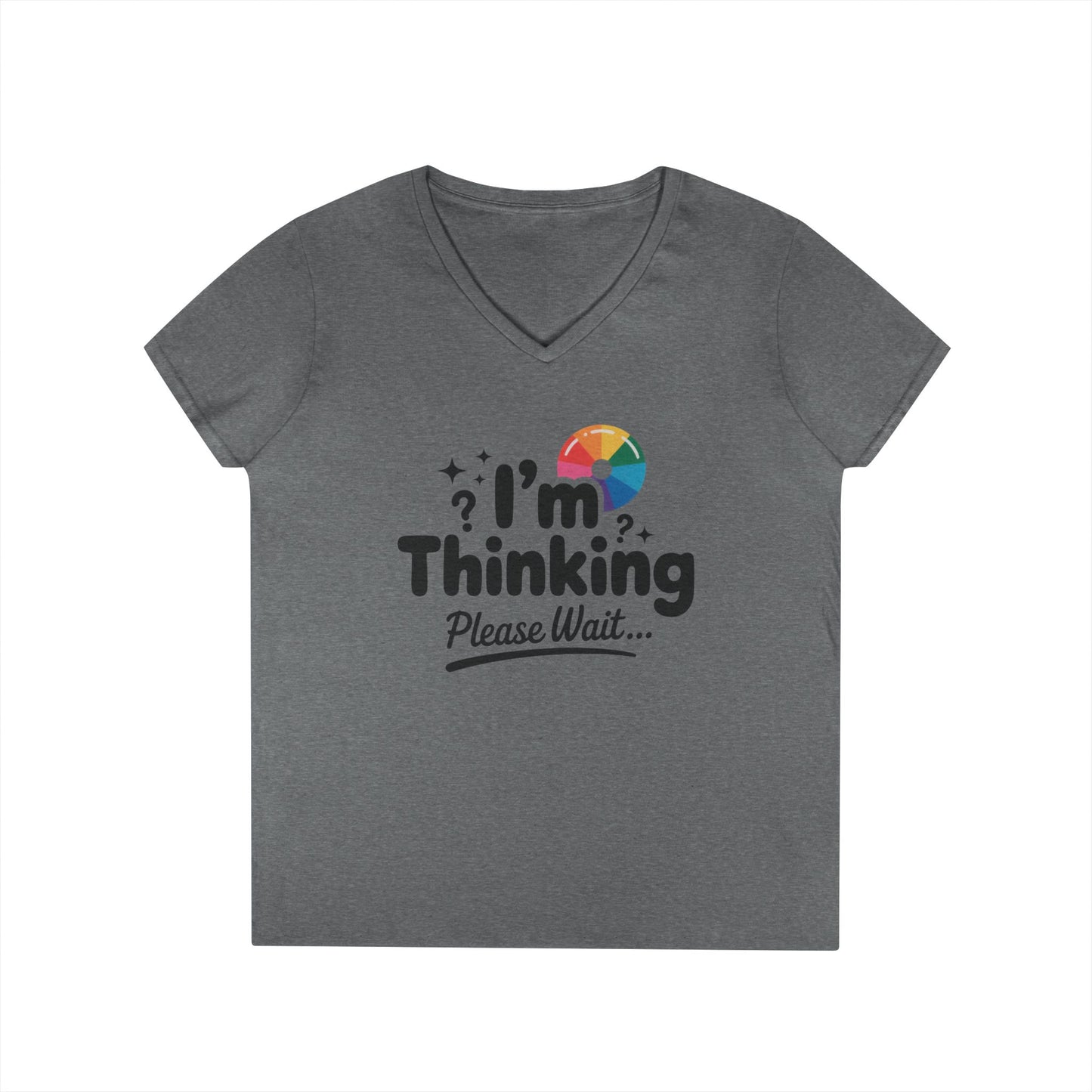 Funny - Im Thinking Please Wait - V-Neck T-Shirt for Women, Cute Geeky Gift for Introverts, Programmers, Designers, Fun Humor Shirt