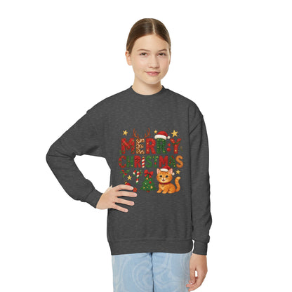 Merry Christmas Cat Sweatshirt for Girls, Cozy Holiday Kitten Jumper, Youth Crewneck Sweatshirt