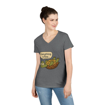 Cute & Comfy Turtle V-Neck T-Shirt - "Everything is fine..." design, Gift for Animal Lovers, Casual Wear, Fun Quotes, Positive message tee
