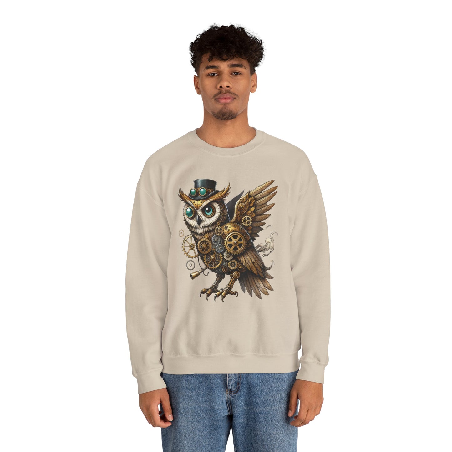 Steampunk Owl Unisex Crewneck Sweatshirt, Vintage Mechanical Gears Fantasy Bird Graphic Pullover, Gift for Owl Lovers