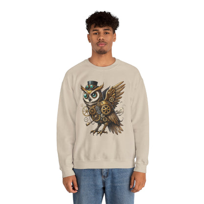 Steampunk Owl Unisex Crewneck Sweatshirt, Vintage Mechanical Gears Fantasy Bird Graphic Pullover, Gift for Owl Lovers