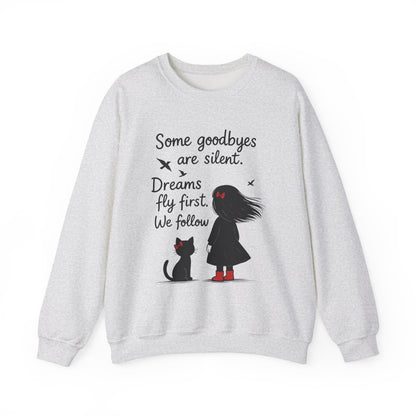 Cozy Farewell Girl & Cat Pullover, Hand Drawn Red Dress Art, Minimalist Womens Crewneck