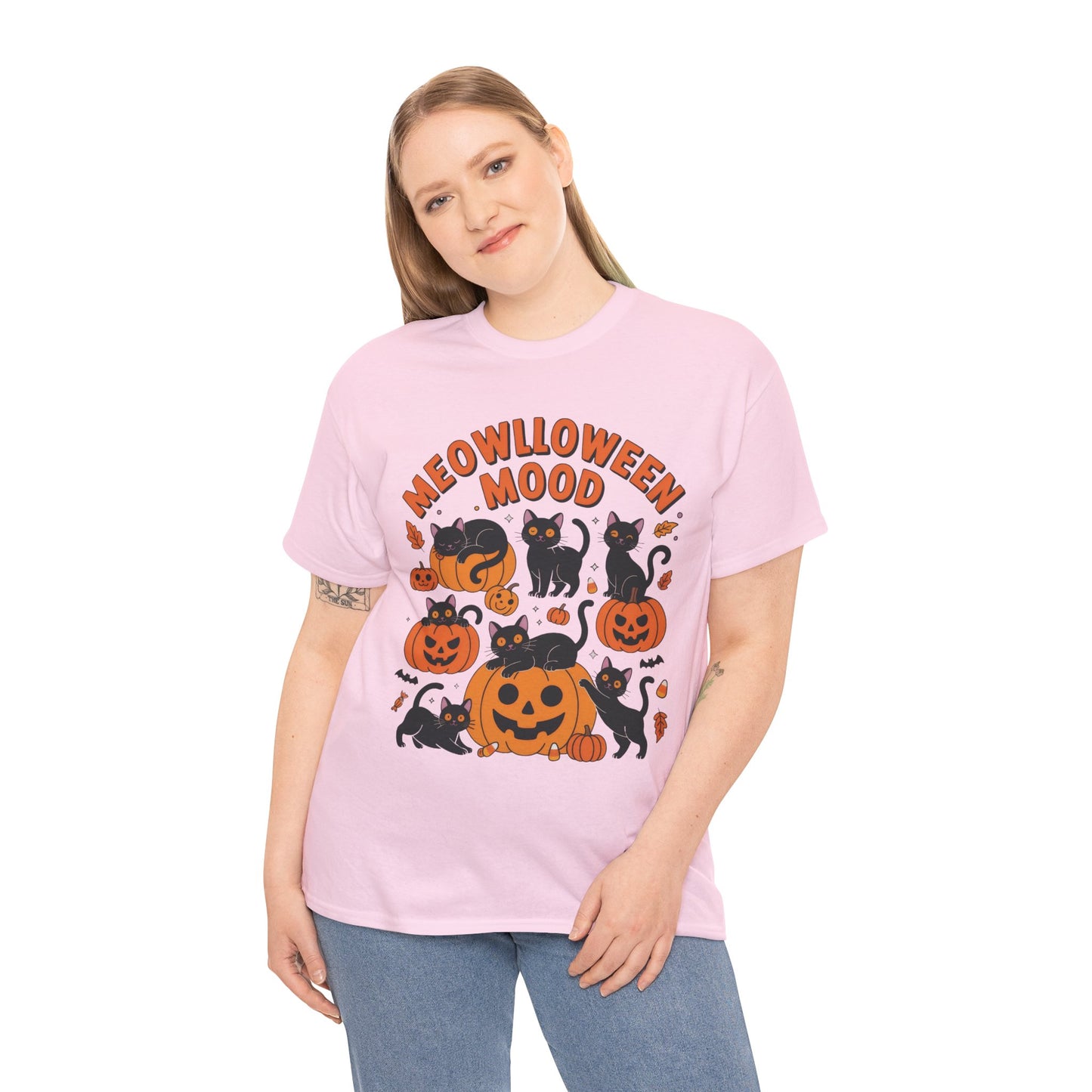 Meowlloween Mood Cat Shirt for Women, Cute Black Cat and Pumpkin Halloween Tee, Cozy Fall Kawaii Spooky Graphic Top, Cat Lover Gift