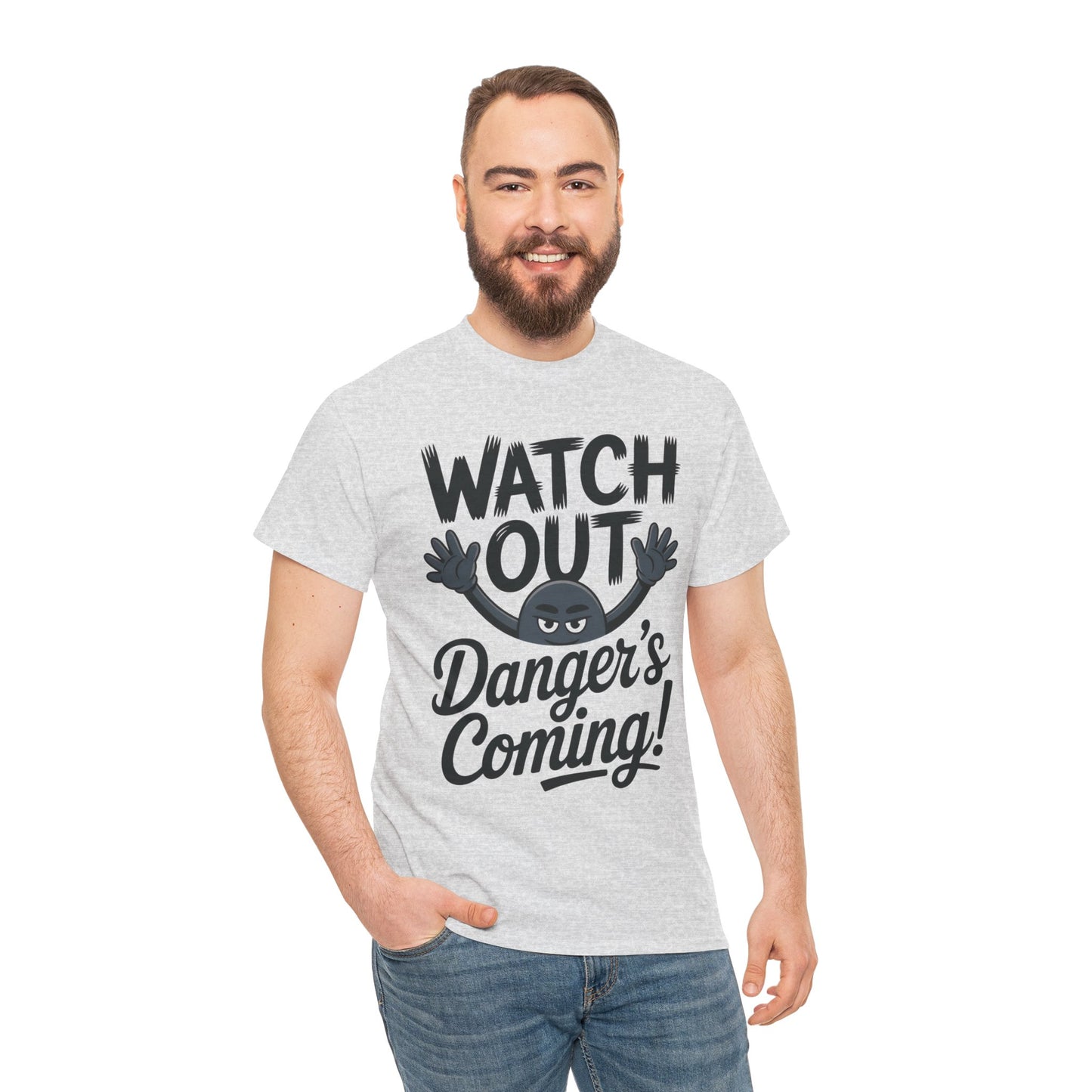 Funny "Watch Out" Cartoon Character T-Shirt, Sketch Style Unisex Heavy Cotton Tee, Minimalist Humorous Graphic Tee, Gift for Him/Her