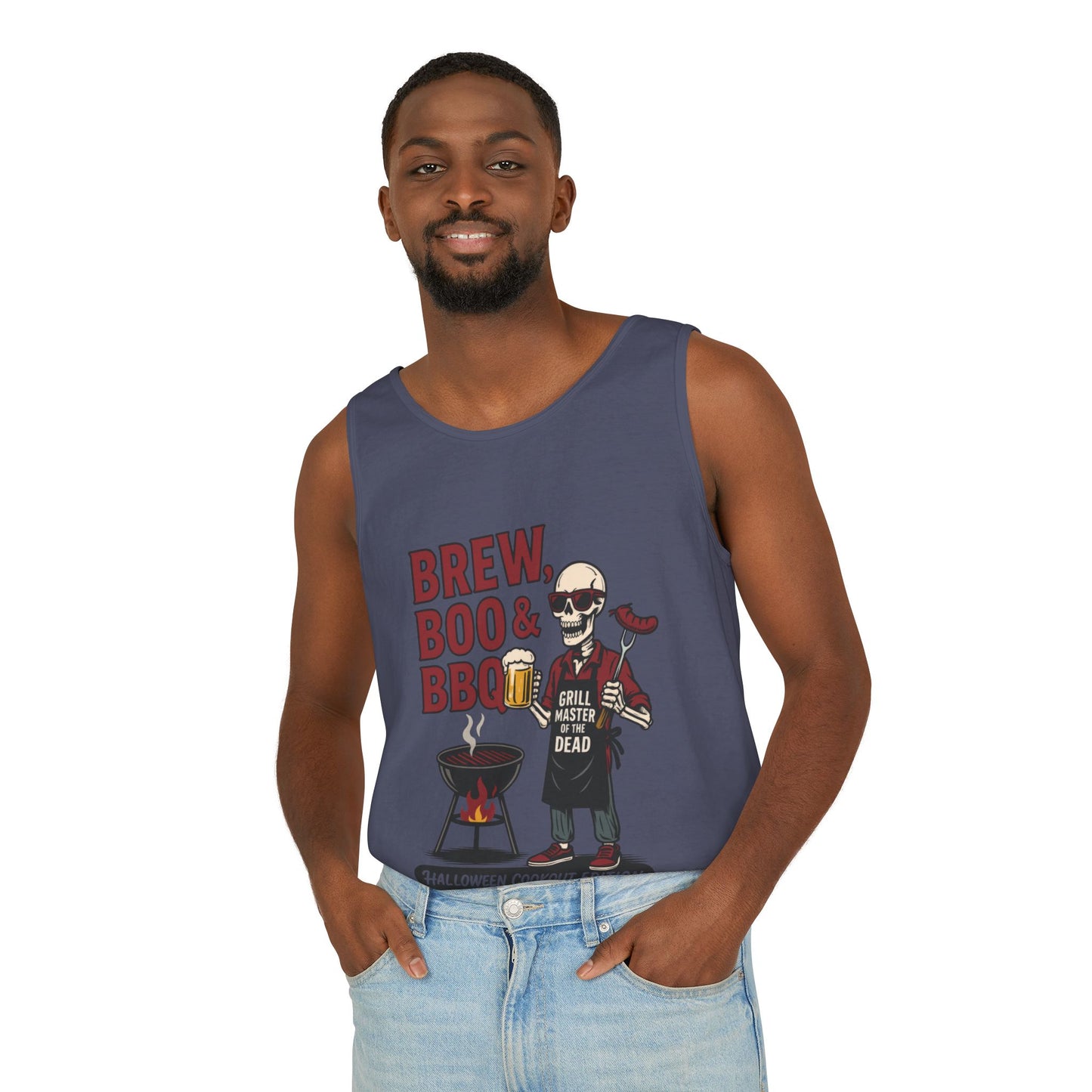 Halloween BBQ Men's Tank Top, Brew Boo & BBQ Skeleton Grill Master, Funny Dad Gift, Grill Master Top, Funny Skeleton Top