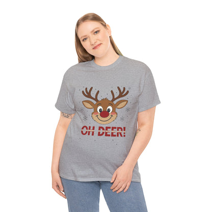 Women's Oh Deer Christmas T-Shirt, Cute Reindeer Holiday Graphic Tee, Women's Heavy Cotton Tee