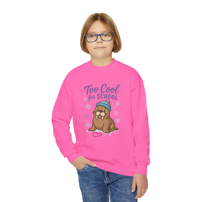 Youth Crewneck Sweatshirt, Kids Too Cool for School Walrus Sweatshirt, Funny Animal Pullover, Cute Winter Top