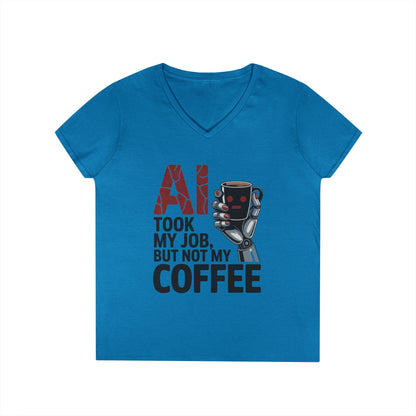 Ladies' V-Neck T-Shirt, Women's AI Coffee T-Shirt, Funny Robot Job Humor Tee, Geek Sarcastic Gift for Her, Sarcastic Work Shirt