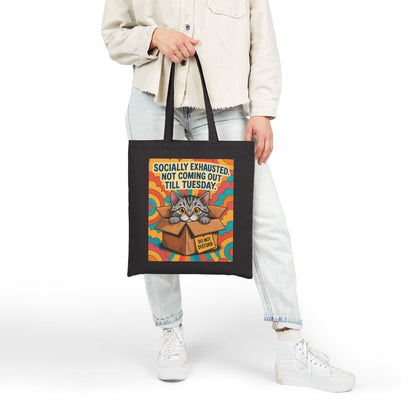 Socially Exhausted Cat Tote Bag, Funny Retro Cat in Box Canvas Bag, Do Not Disturb Comic Bag, Gift for Cat Lovers, Weekend Vibes