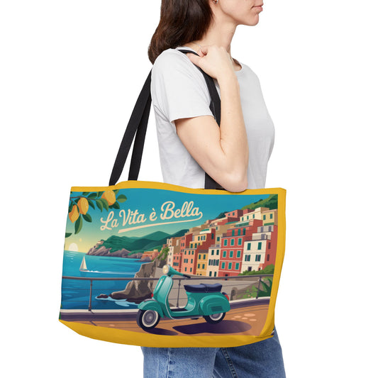 Vibrant Travel Weekender Tote Bag, Beach Bag, Shopping Tote, Summer Adventure Essential, Gift for Her, Italian Riviera themed beach tote bag
