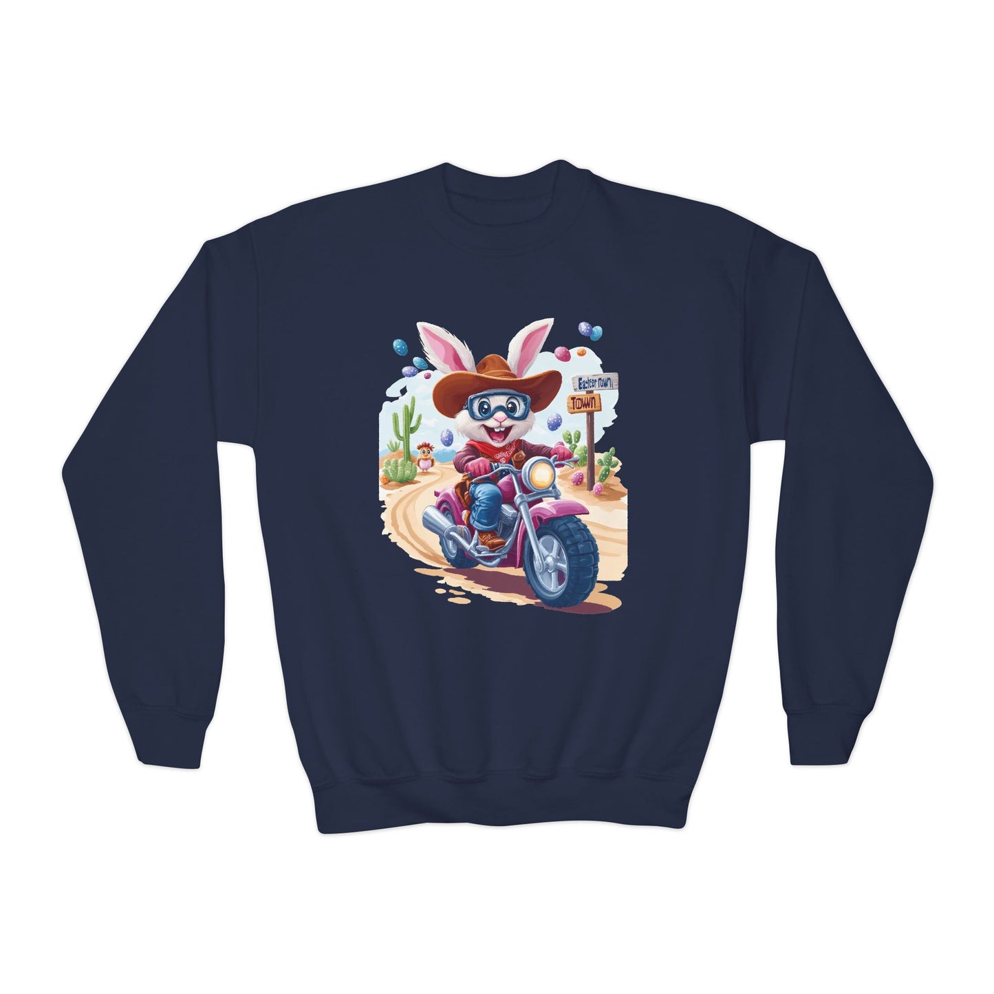 Biker Bunny Youth Sweatshirt - Fun Easter Bunny Riding Motorcycle, Cute Spring Gift for Kids, Playful Holiday Crewneck for Boys & Girls