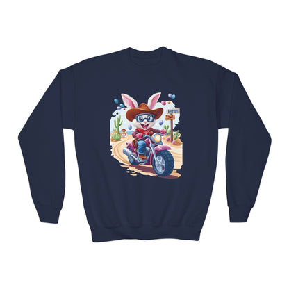 Biker Bunny Youth Sweatshirt - Fun Easter Bunny Riding Motorcycle, Cute Spring Gift for Kids, Playful Holiday Crewneck for Boys & Girls