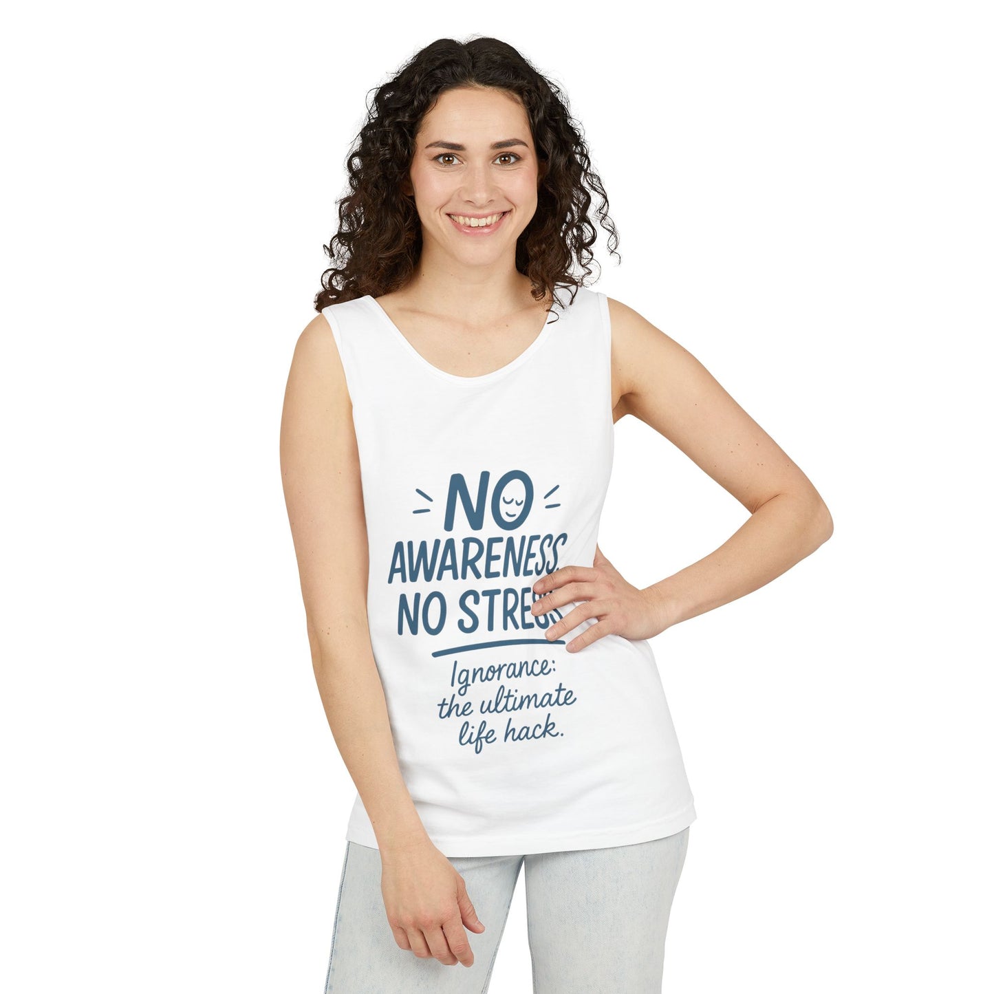 Womens No Awareness Racerback Tank Top, Funny No Stress Quote, Ignorance Life Hack, Workout Sleeveless Shirt, Motivational Shirt, Yoga