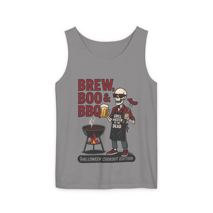 Halloween BBQ Men's Tank Top, Brew Boo & BBQ Skeleton Grill Master, Funny Dad Gift, Grill Master Top, Funny Skeleton Top
