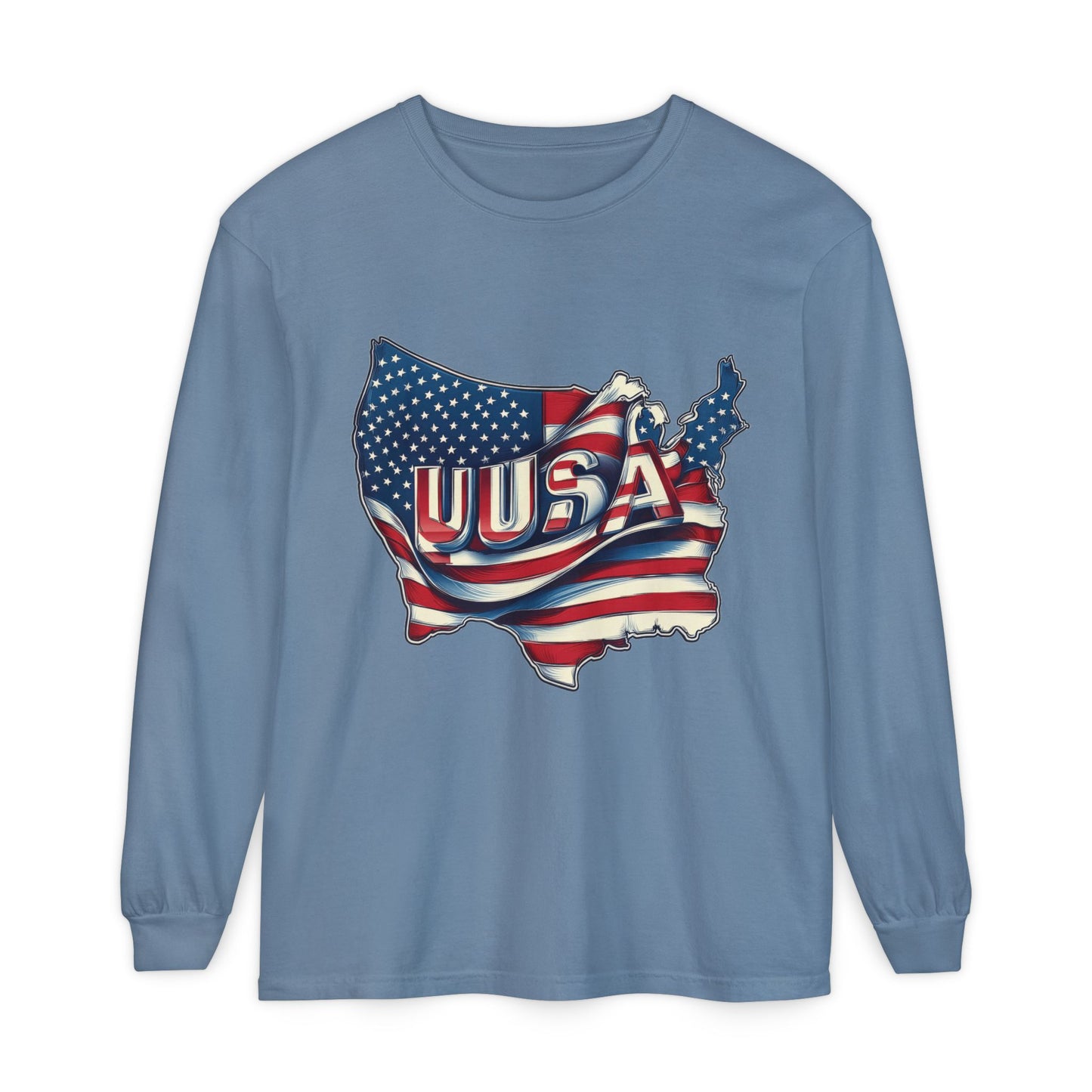 USA Flag Long Sleeve Tee, Unisex Garment-Dyed Shirt, Patriotic Top, All-American Apparel, Independence Day Style, Comfortable Casual Wear