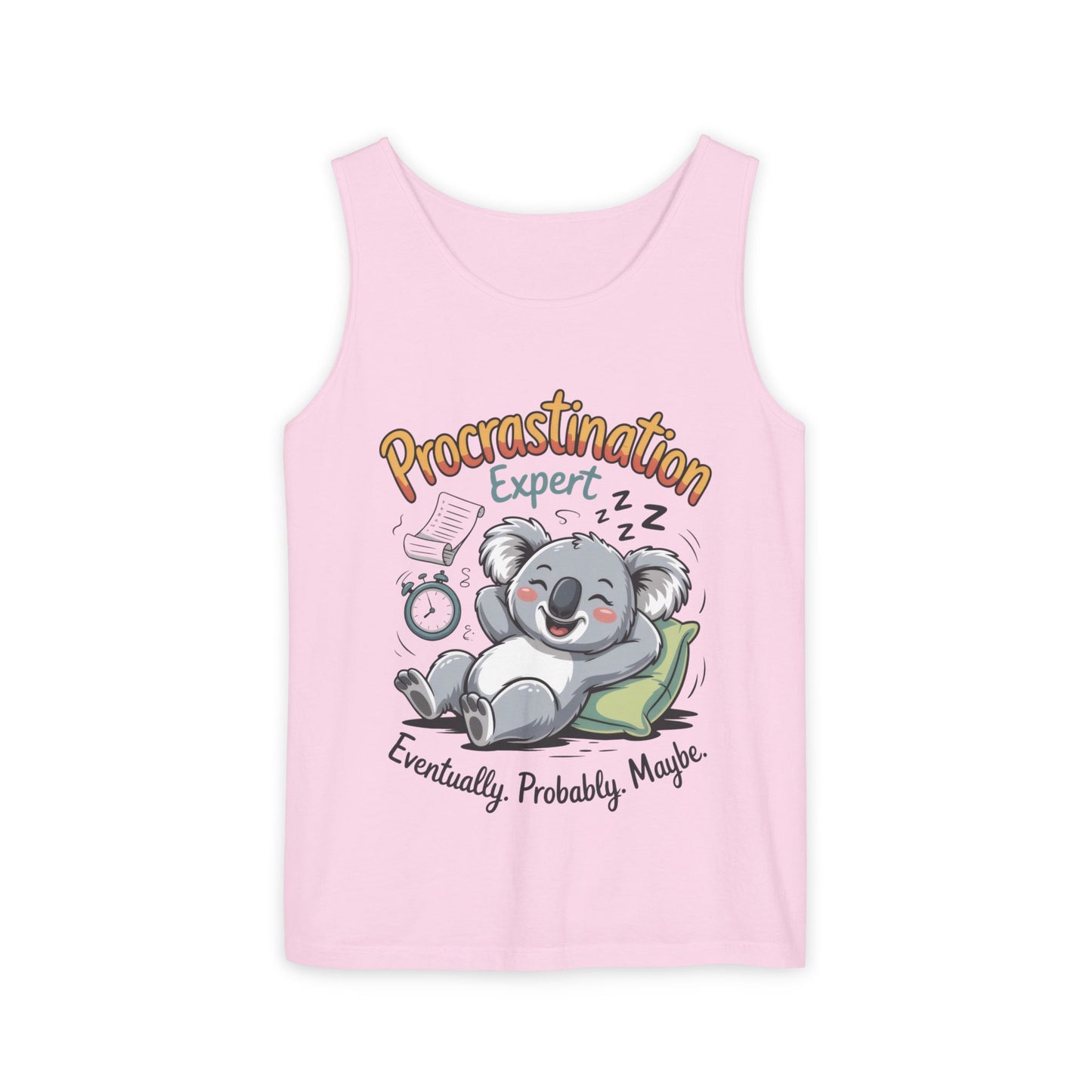Procrastination Expert Womens Tank Top, Funny Gift for Lazy Days, Relaxed Fit Tee, Casual Summer Wear, Koala Graphic Top, Motivational Apparel